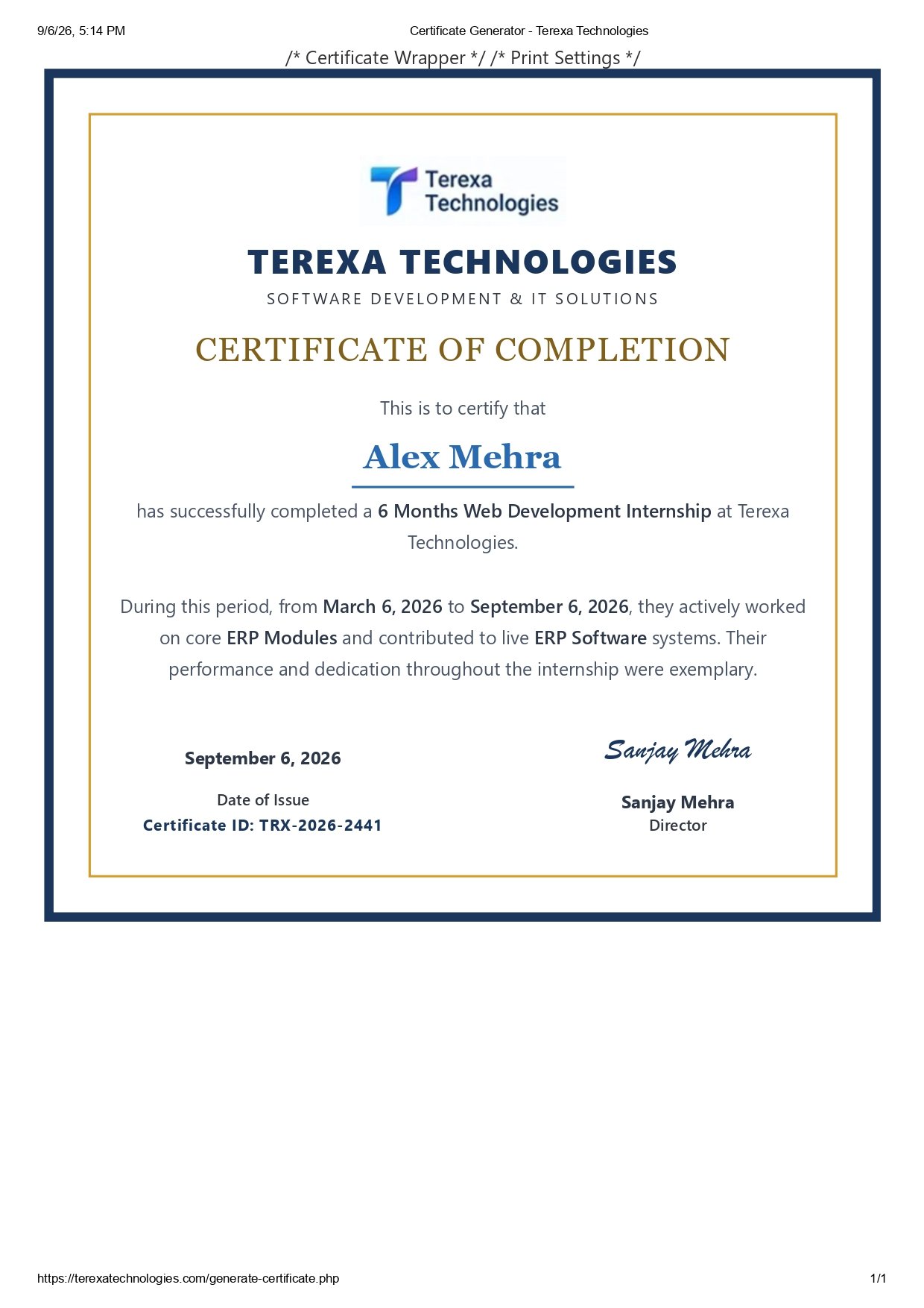 Terexa Technologies Certificate